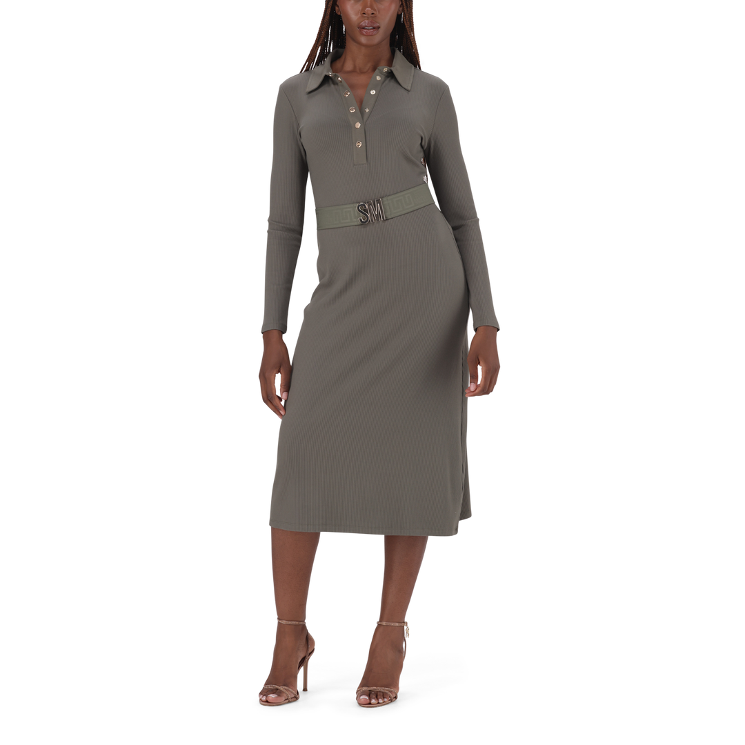 SCARLET FATIGUE BELTED MIDI DRESS