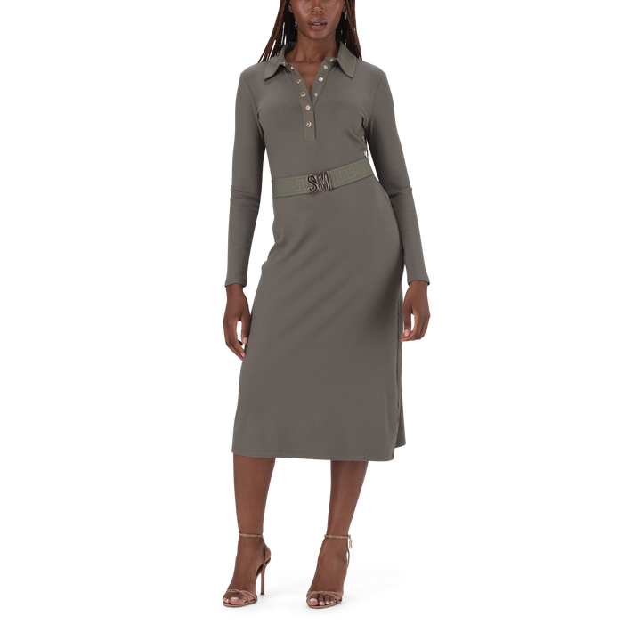 SCARLET FATIGUE BELTED MIDI DRESS