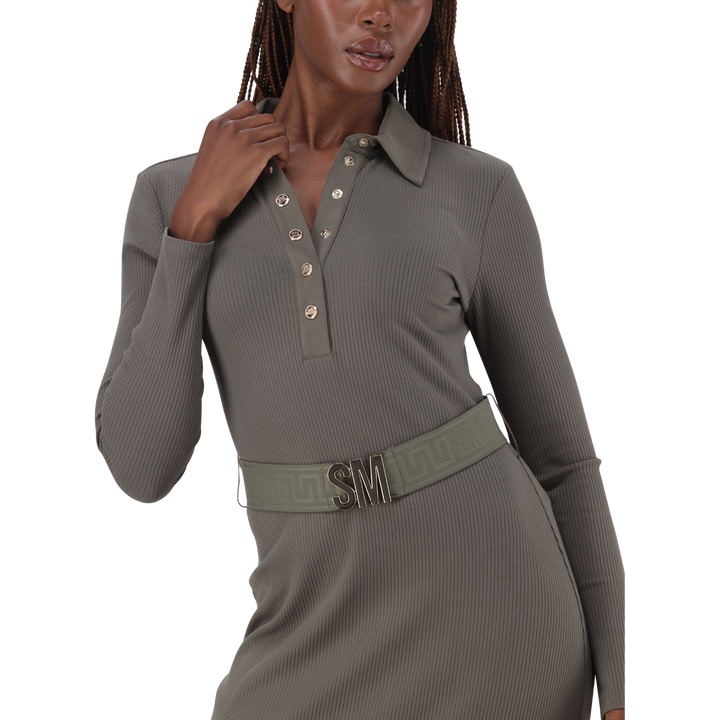 SCARLET FATIGUE BELTED MIDI DRESS