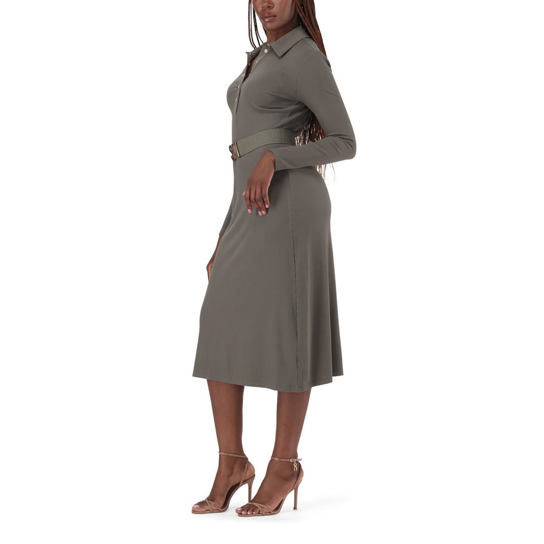 SCARLET FATIGUE BELTED MIDI DRESS
