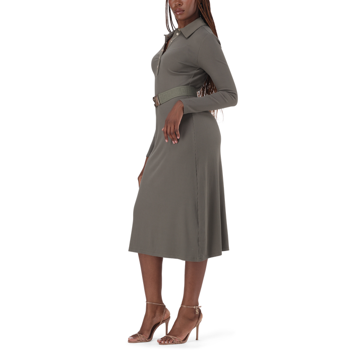 SCARLET FATIGUE BELTED MIDI DRESS
