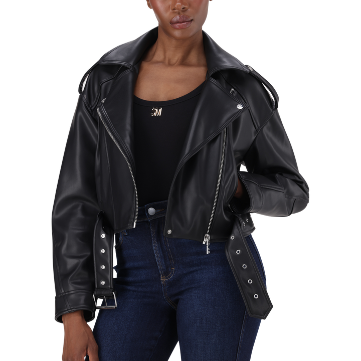 LAURA BLACK VEGAN LEATHER BIKER JACKET