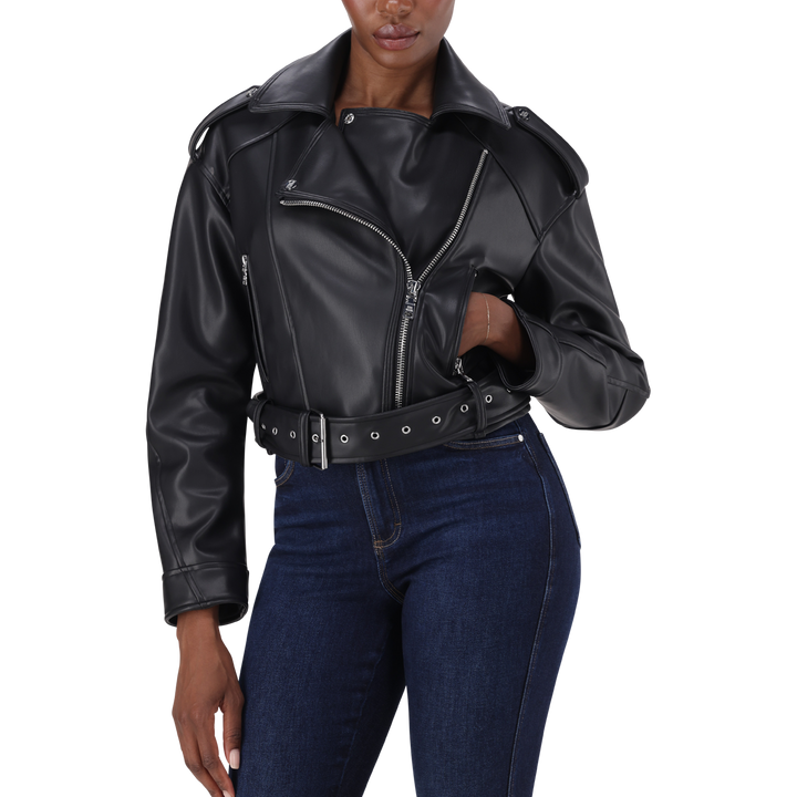 LAURA BLACK VEGAN LEATHER BIKER JACKET