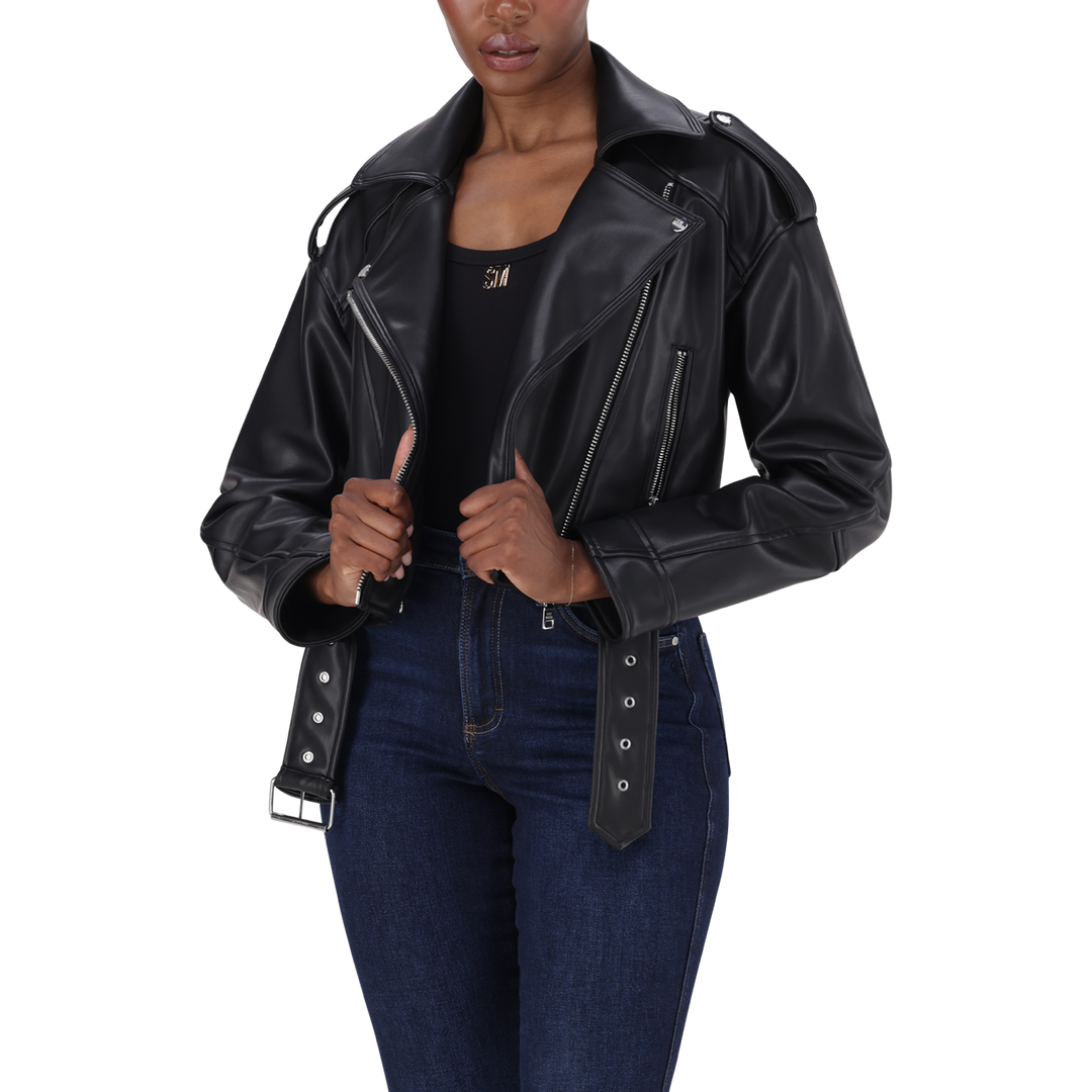 LAURA BLACK VEGAN LEATHER BIKER JACKET