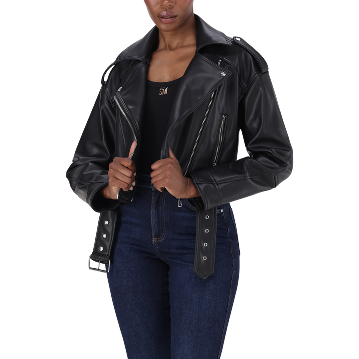 LAURA BLACK VEGAN LEATHER BIKER JACKET