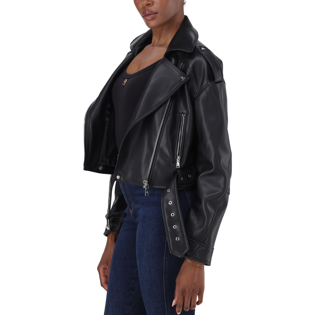 LAURA BLACK VEGAN LEATHER BIKER JACKET