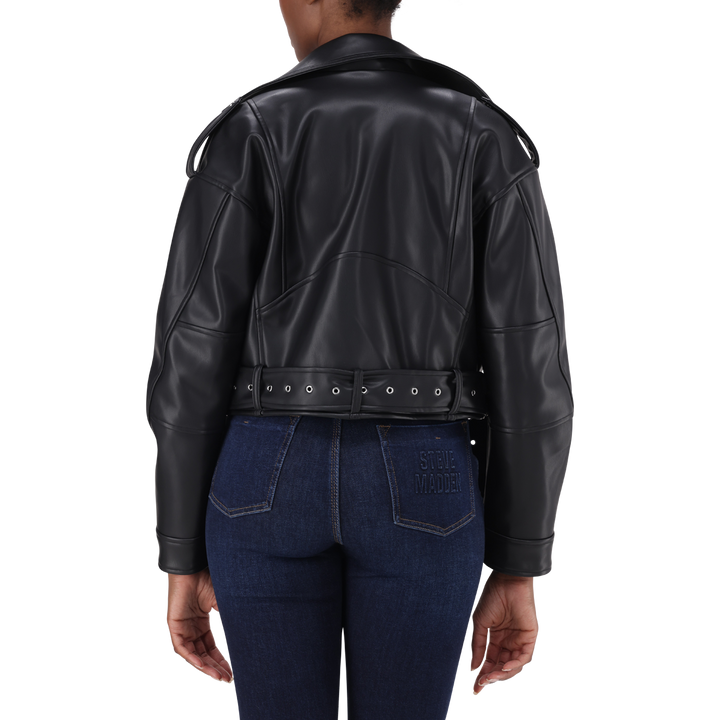LAURA BLACK VEGAN LEATHER BIKER JACKET