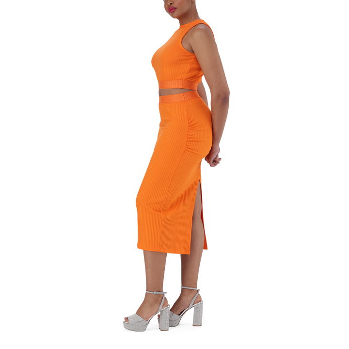 MACIE ORANGE BODYCON MIDI SKIRT WITH GATHERS