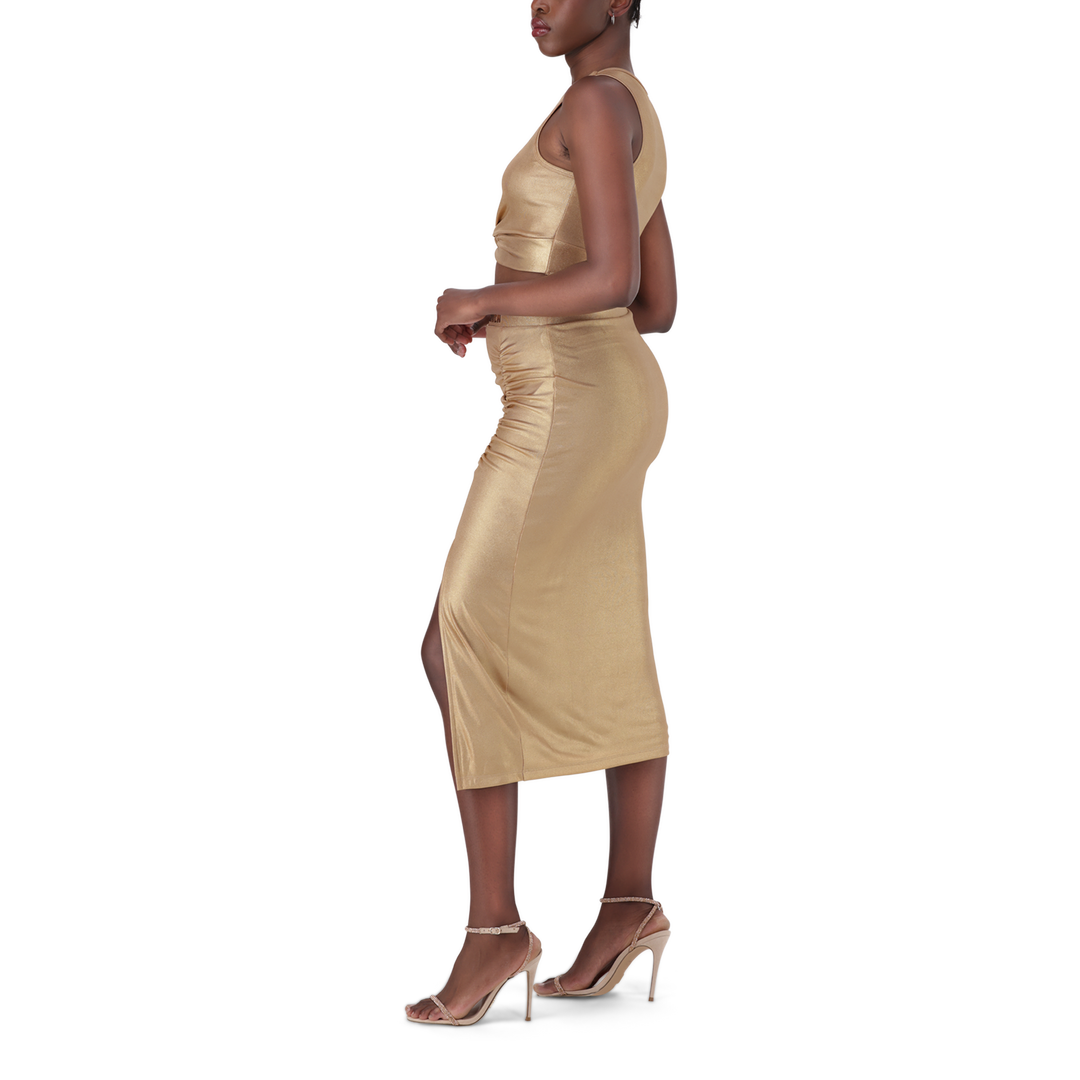 OPAL GOLD METALLIC BODYCON MIDI SKIRT