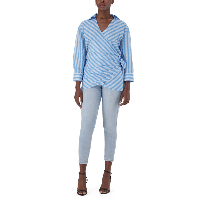 RIRI WHITE BLUE OVERSIZED WRAP SHIRT WITH TIE