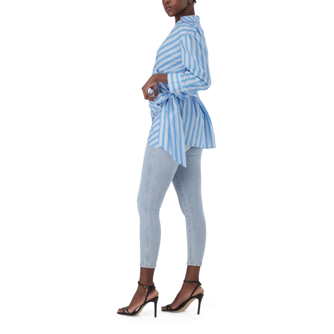 RIRI WHITE BLUE OVERSIZED WRAP SHIRT WITH TIE