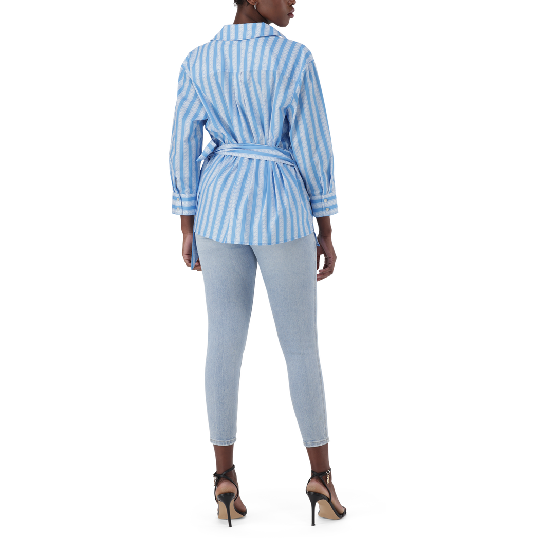RIRI WHITE BLUE OVERSIZED WRAP SHIRT WITH TIE